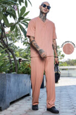 Unisex Brown Textured Oversized V-Neck Tee & Trackpant Co-ord Set