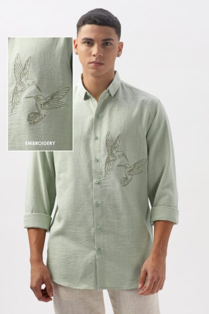 Humming Birds Vienna Green Nature-Inspired Embroidered Shirt