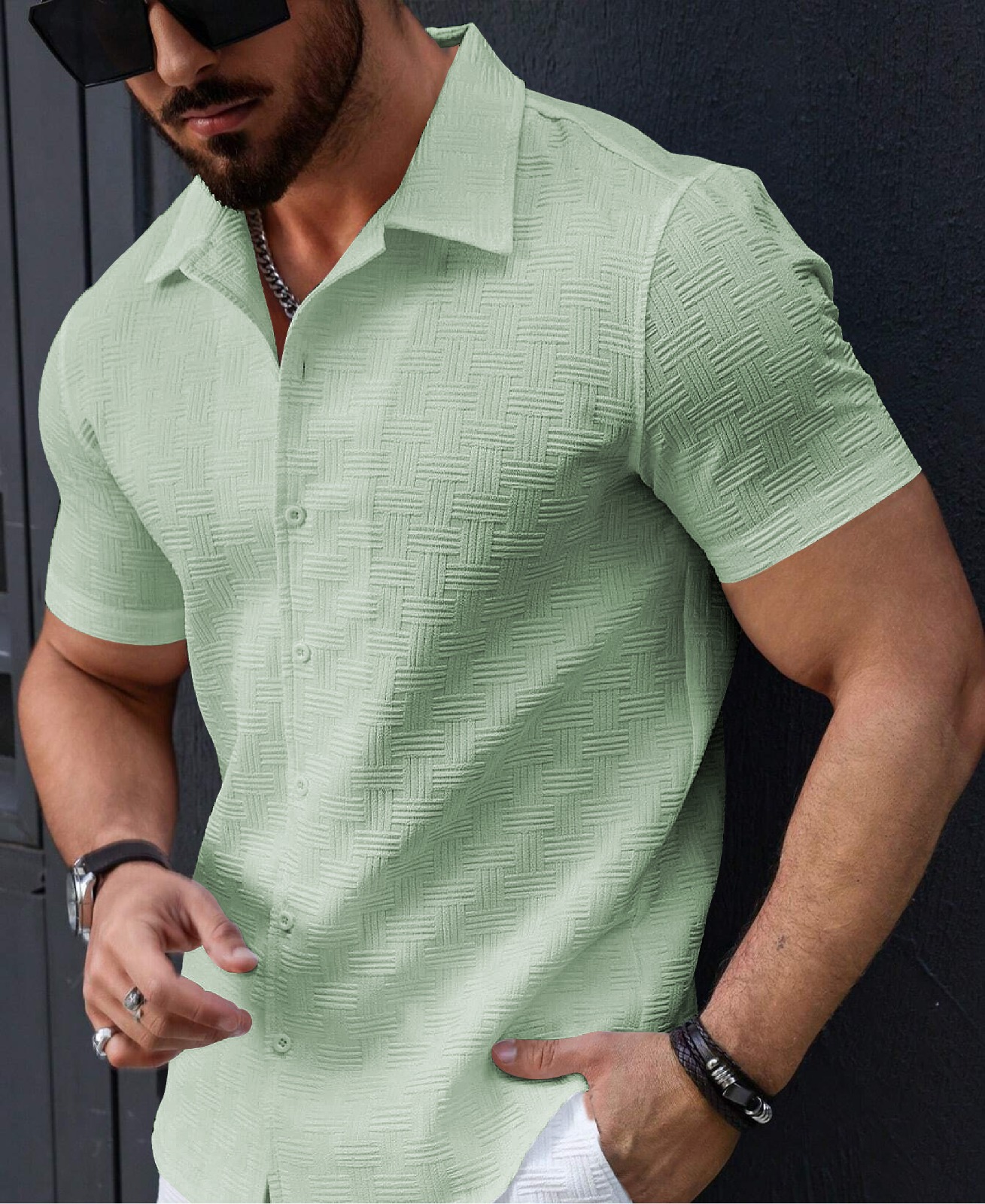 1-9.jpg Men’s Stylish Casual Textured Pista Shirt - Image 1