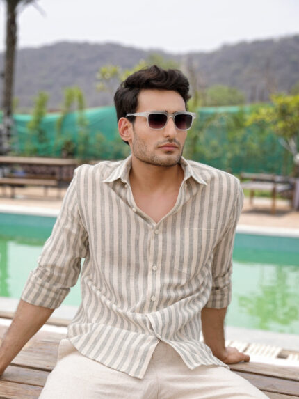 Sage Green Striped Pre-Washed Linen Cotton Summer Comfort Shirt for Men