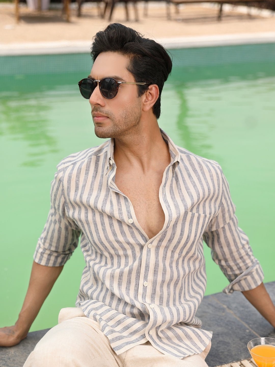 113.jpg Ocean Blue Striped Pre-Washed Linen Cotton Premium Casual Shirt - Image 1