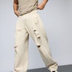 Ecru Escape Heavy Distress Relaxed Baggy Straight Denim Jeans