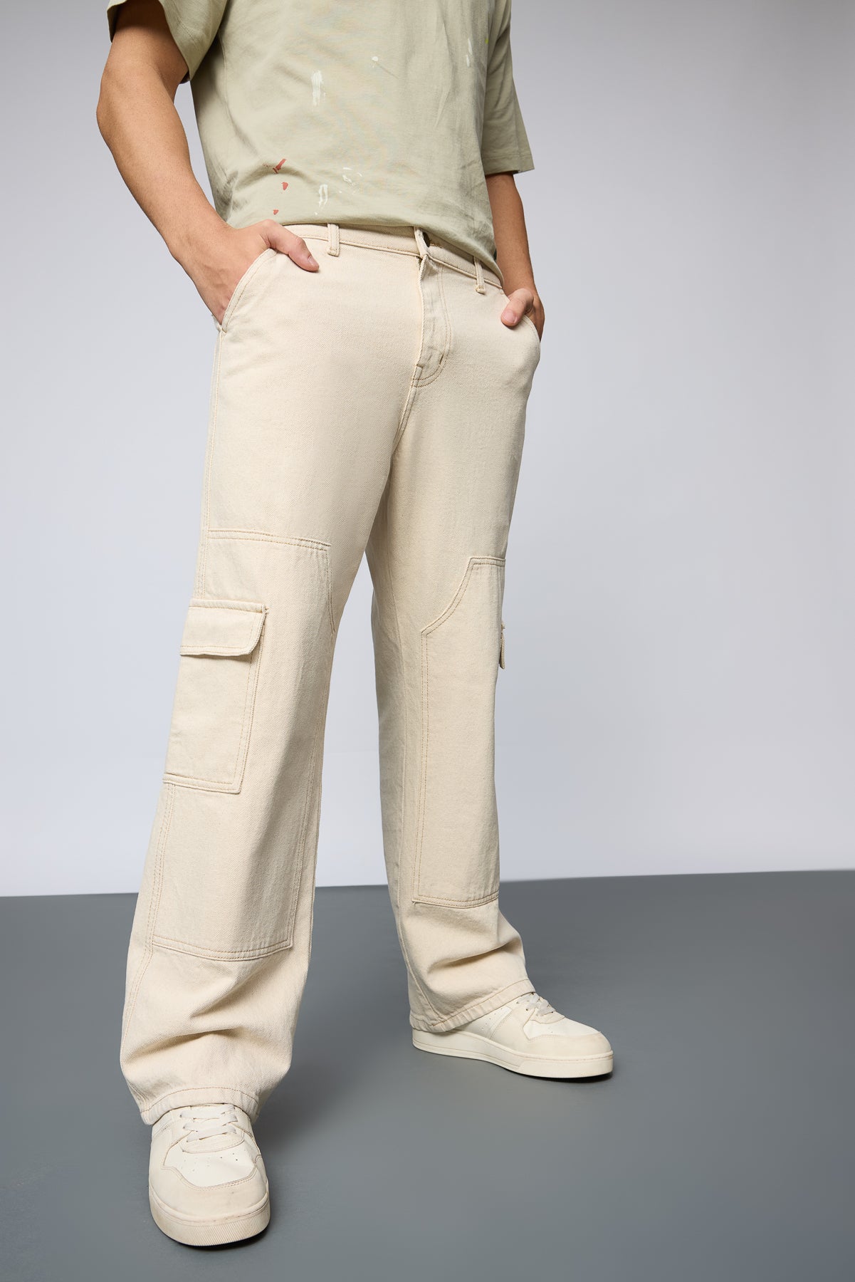 11augpart2_31524-Edit.jpg Urban Style Ecru Carpenter Fit Relaxed Baggy Jeans - Image 1