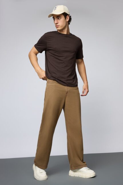 Golden Brown Earth Tone Relaxed Wide-Leg Denim Jeans