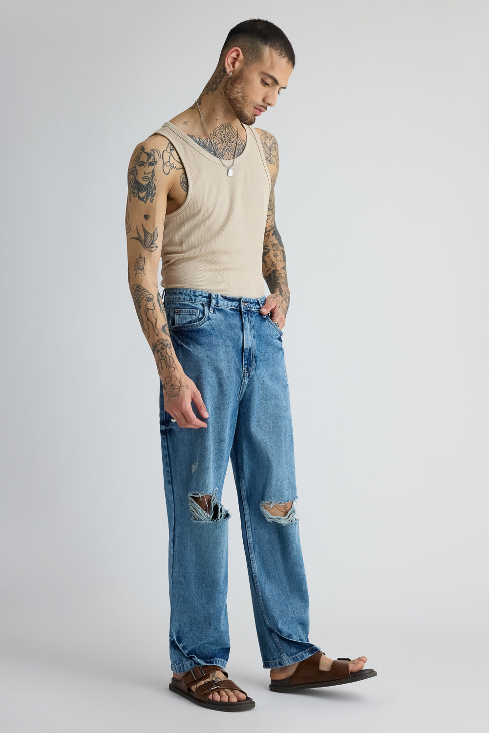 14March_1697-Edit.jpg Mid Blue Torn Detail Casual Straight-Fit Denim Jeans - Image 1