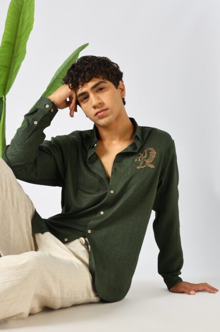 Forest Green Eagle Motif Embroidered Bold Casual Shirt