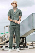 Olive Linen Blend Embroidered Notched Lapel Shirt and All Day Pants Co-ord Set