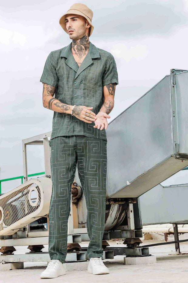 1L9A5765_11zon_1.jpg Olive Linen Blend Embroidered Notched Lapel Shirt and All Day Pants Co-ord Set - Image 1