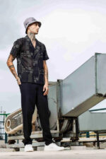 Black Linen Embroidered Notched Lapel Korean Shirt & All Day Pants Co-ord Set