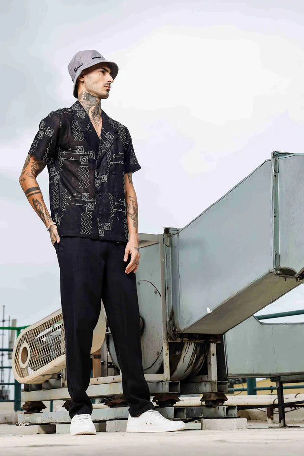 1L9A5822_11zon_2_cb3d58ed-64a2-4489-b326-ac3b865108dd.jpg Black Linen Embroidered Notched Lapel Korean Shirt & All Day Pants Co-ord Set - Image 1