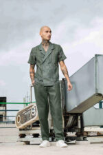 Olive Notched Lapel Linen Embroidered Shirt & Solid Linen All Day Pants Co-ord Set - Image 2