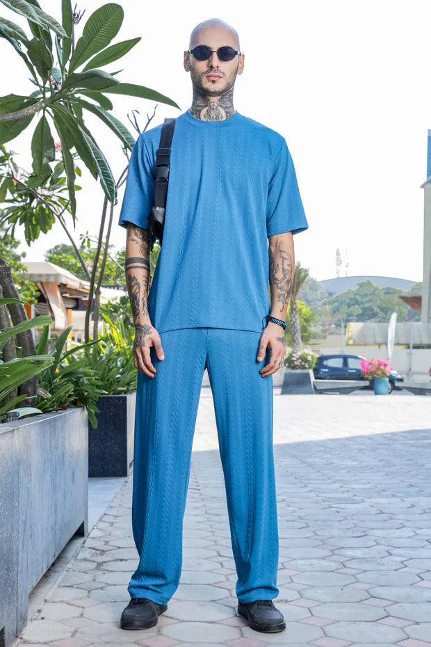 1L9A9269.jpg Blue Textured Oversized Round Neck Tee & Track Pant Co-ord Set - Image 1