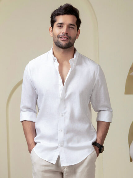 Crystal White Pre-Washed Linen Blend Classic Casual Shirt for Men