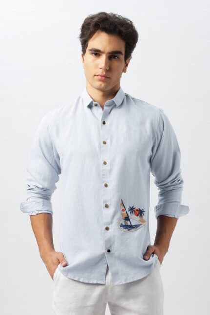 Sundown Sail Blue Embroidered Breezy Casual Shirt