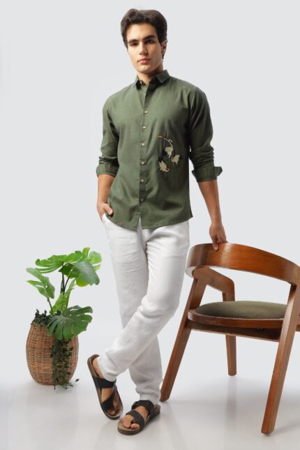 Green Crane Inspired Embroidered Cultural Shirt