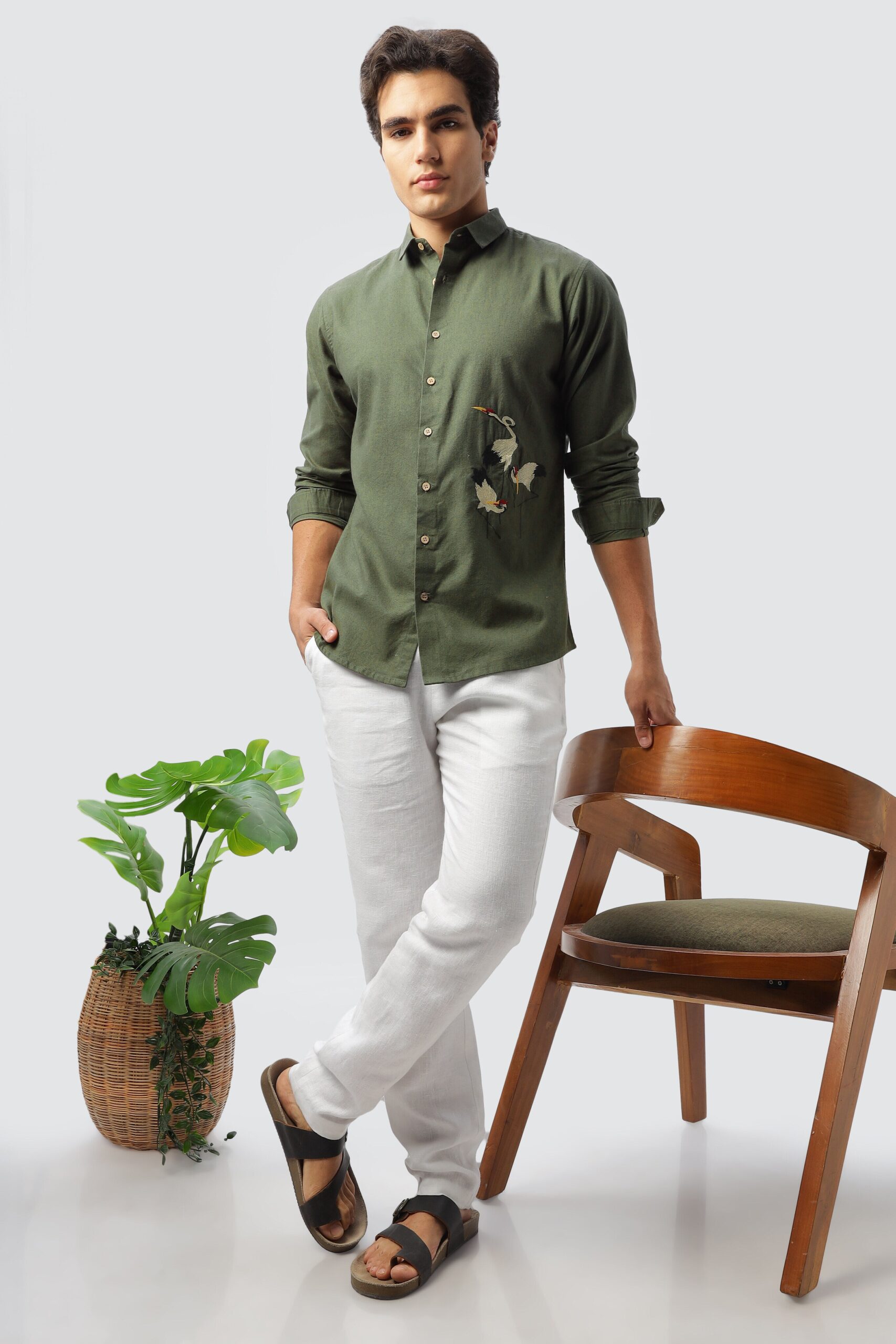 1_462d1139-9e17-46fe-993d-1aad2777b5fc-scaled-1.jpg Green Crane Inspired Embroidered Cultural Shirt - Image 1