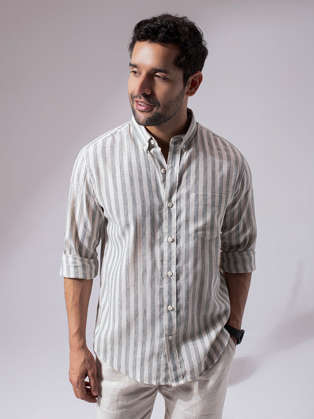 1_4_6586603d-d226-4c52-8d0d-e29f72cfee01.jpg Sage Green Striped Linen Cotton Lightweight Summer Shirt - Image 1
