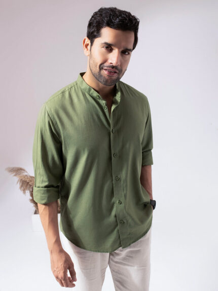 Green Band Collar Linen Blend Minimal Casual Shirt