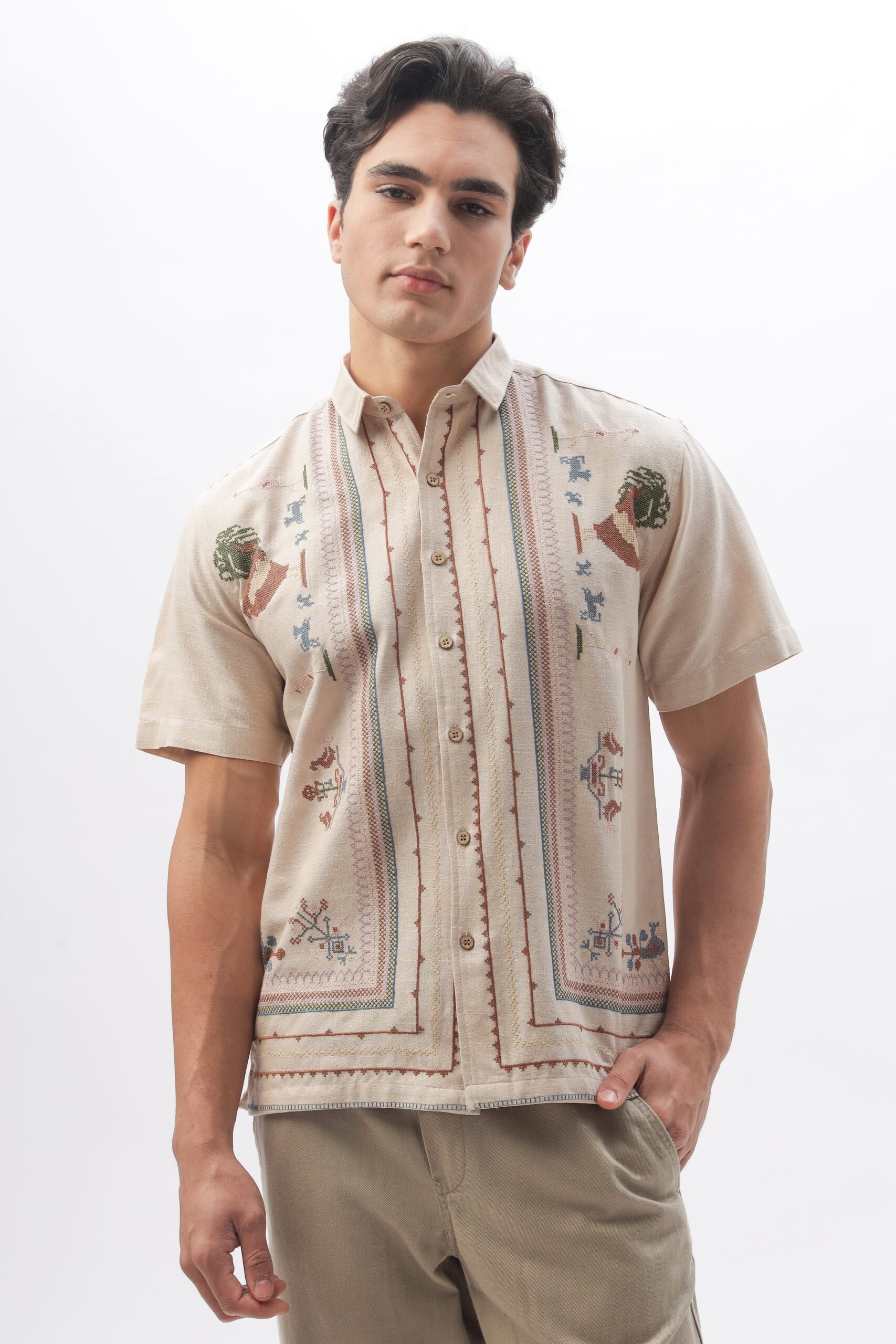 1_888c2383-948a-4301-9bc2-17236359133a-scaled-1.jpg Sands of Sahara Desert Motif Embroidered Half Sleeve Shirt - Image 1