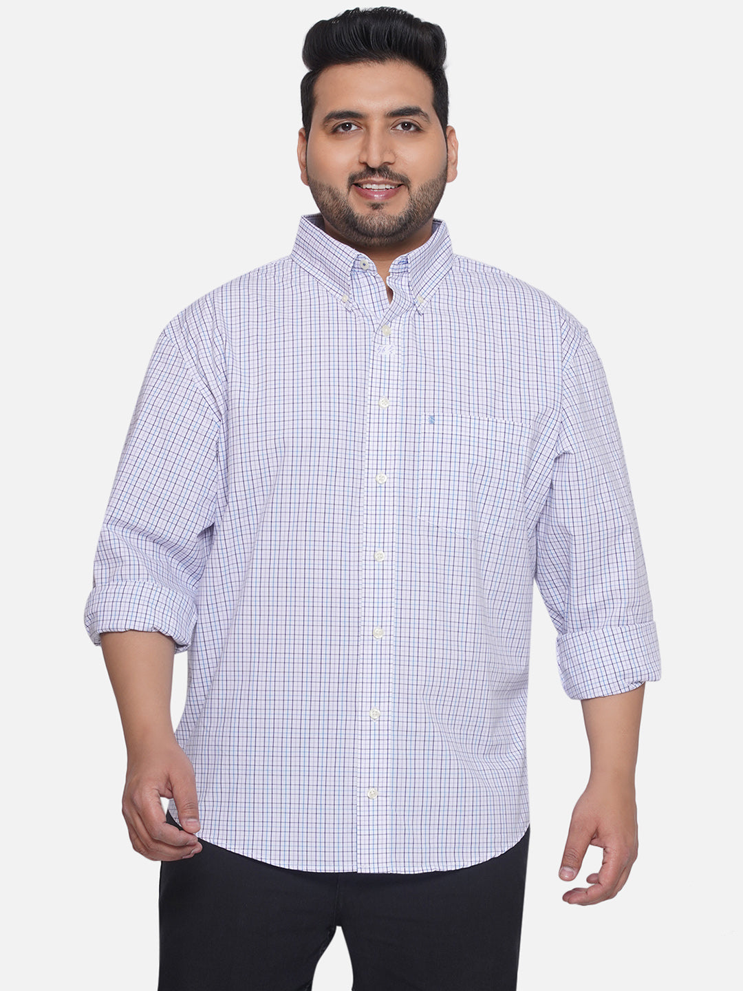 1_b50daea6-502a-4176-a0ed-9d8c540fbda2.jpg Plus Size Men Regular Fit White Checked Cotton Casual Shirt - Image 1
