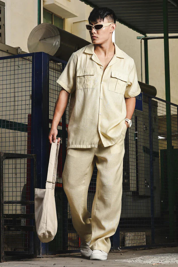 1_fe379f57-31be-48ef-a202-ee0297d516d6.jpg Beige Linen Casual Relaxed Fit Short Sleeve Shirt & Gurkha Pants Co-Ord Set - Image 1
