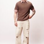 Dewy Ecru Washed Distressed Baggy Straight Denim Jeans for Men