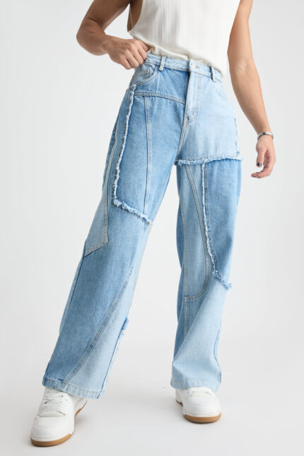 Blue Patchwork Creative Streetwear Straight-Fit Denim Jeans