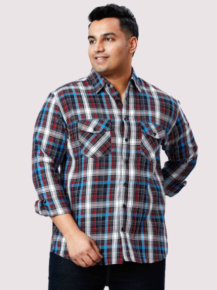 Blue and Red Check Double Pocket Men Plus Size Shirt