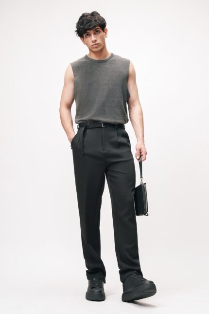 Galaxy Black Belted Statement Korean Straight Pants for Men