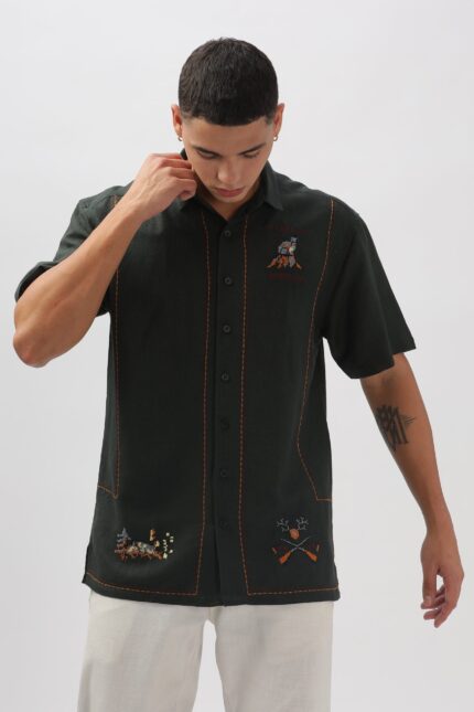 Green All-Over Embroidered Box Fit Fashion Shirt