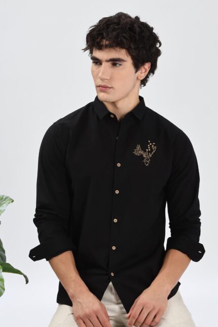 Arctic Reindeer Black Embroidered Luxury Casual Shirt
