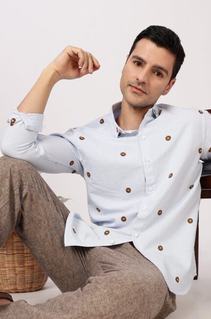 Sunlit Bloom Floral Motif Embroidered Striped Shirt