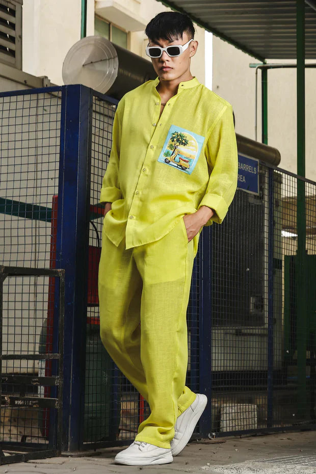 BD0A8876_30c6b357-1c6c-468d-b158-c01c82c7b205.jpg Lime Green Linen Blend Casual Relaxed Fit Mandarin Collar Shirt & All Day Pants Co-Ord Set - Image 1
