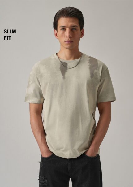 Beige Printed Slim Fit Cotton T Shirt