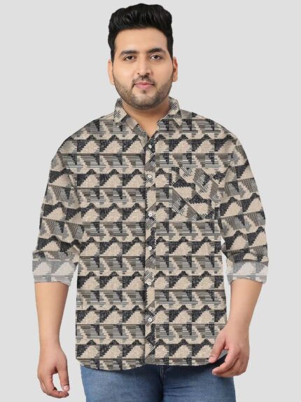 Black Beige Ikat Check Men Plus Size Full Sleeve Shirt