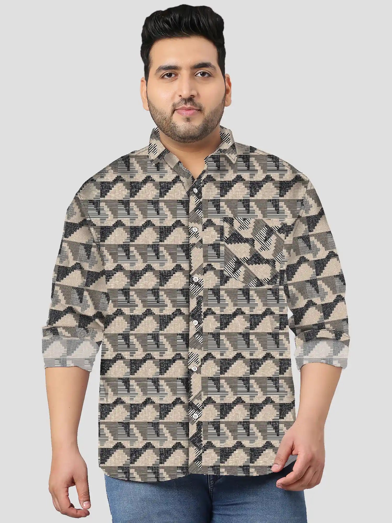 BlackBeigeIkat-Fcopy.jpg Black Beige Ikat Check Men Plus Size Full Sleeve Shirt - Image 1