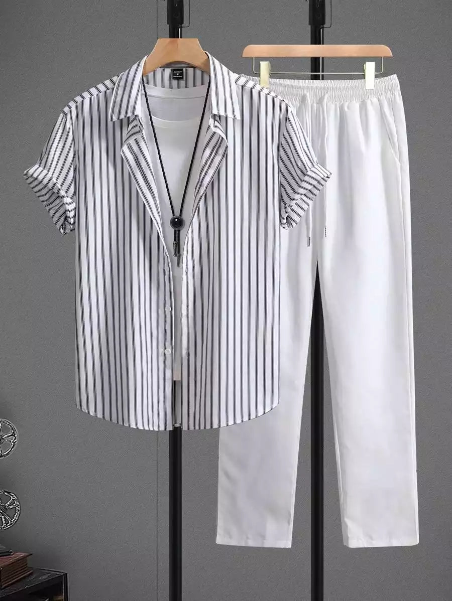 CLASSY_BR_STRIPS_1.jpg Brown Lining On White Mens Full Set Trouser And Shirt Half Sleeves - Image 1