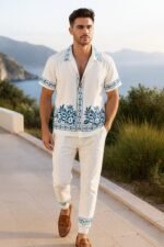 White Border Men’s Casual Half Sleeve Shirt and Trouser Co-ord Set - Image 2
