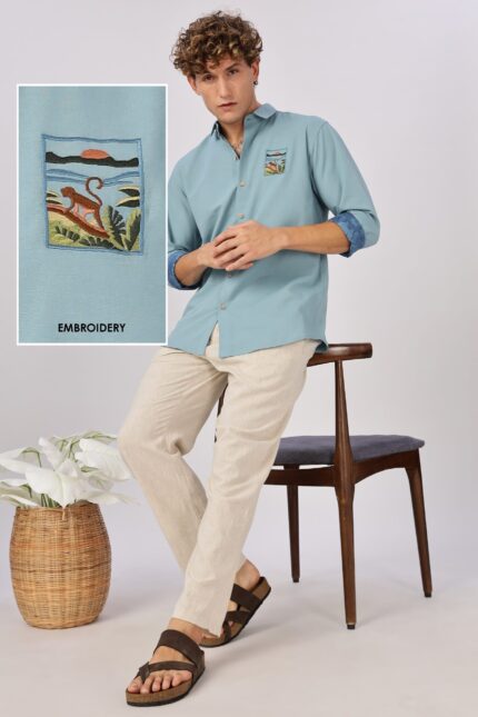 Wildscape Monkey Vista Sky Blue Embroidered Cotton Shirt
