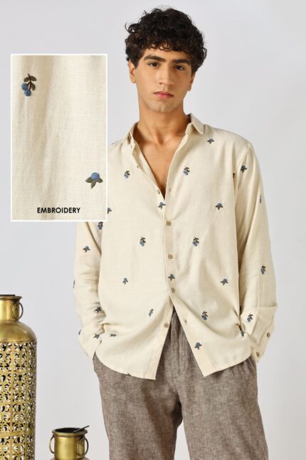 Blueberry Beige Cotton Regular Fit Subtle Embroidered Shirt
