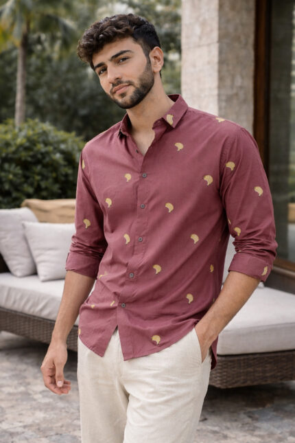 Berry Banana Pink Cotton Playful Embroidered Shirt