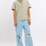 Sky Blue Light Wash Distressed Wide-Leg Denim Jeans for Men