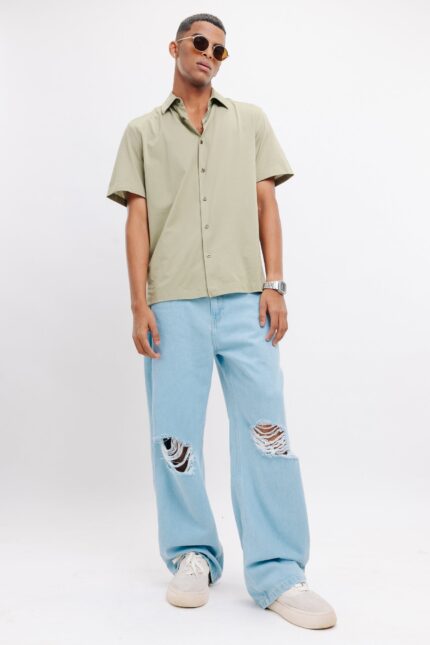 Sky Blue Light Wash Distressed Wide-Leg Denim Jeans for Men