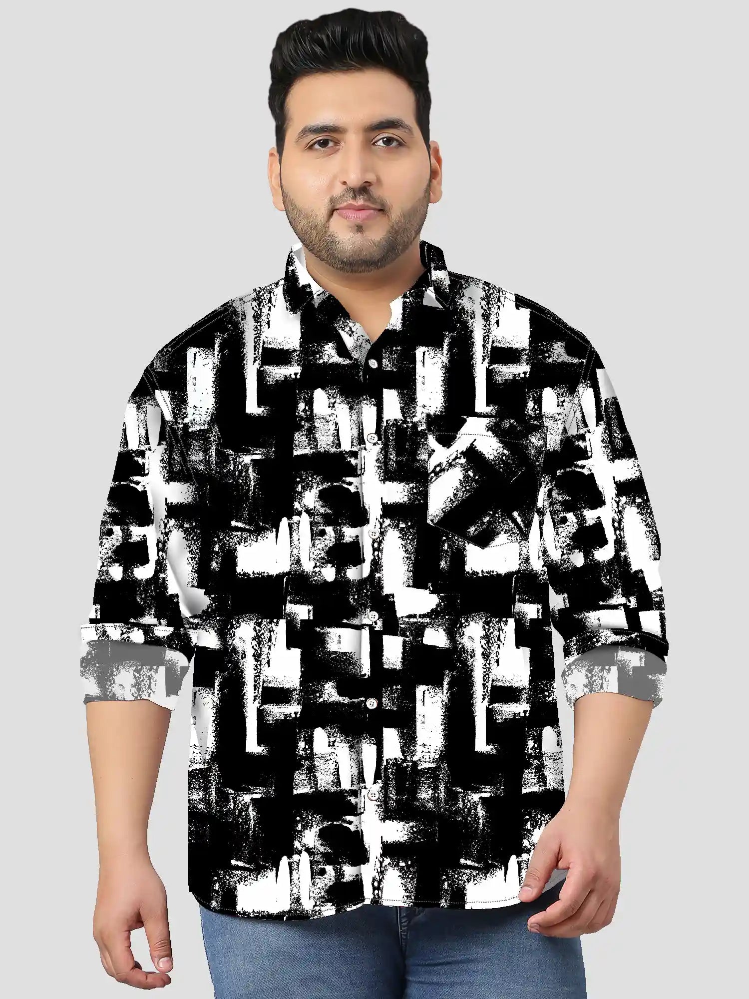 GFCDPF-2795-F.jpg Bold Black Abstract Digital Men Plus Size Full Sleeve Shirt - Image 1