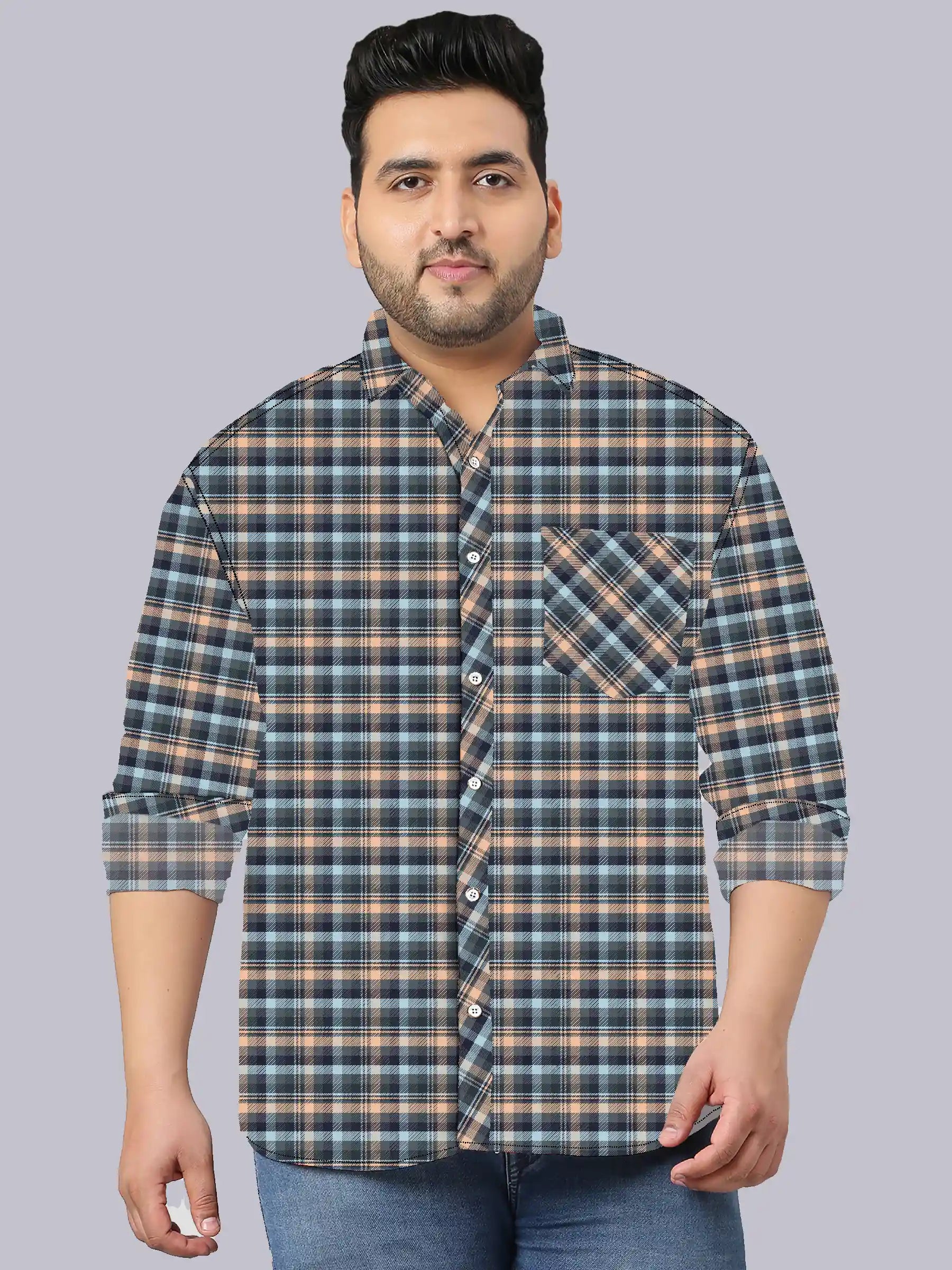 GFCDPF-4010-DarkGrayChecks-F.jpg Dark Grey Check Pattern Men Plus Size Casual Shirt - Image 1