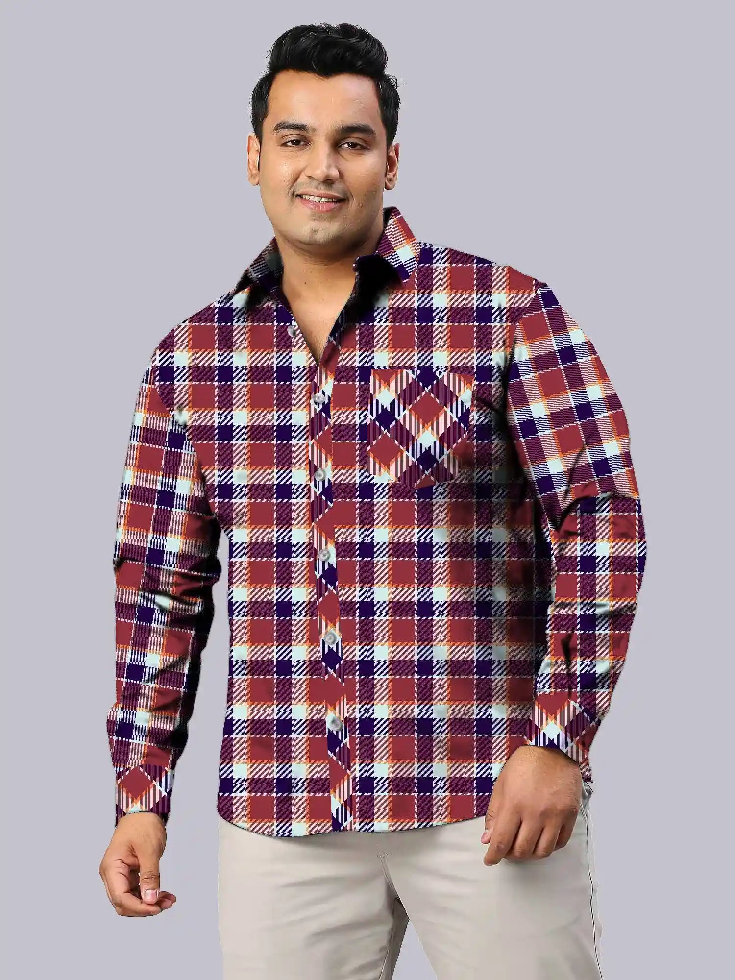 GFCDPF-4011-DarkRedChecks-F.jpg Dark Red Check Pattern Men Plus Size Full Sleeve Shirt - Image 1