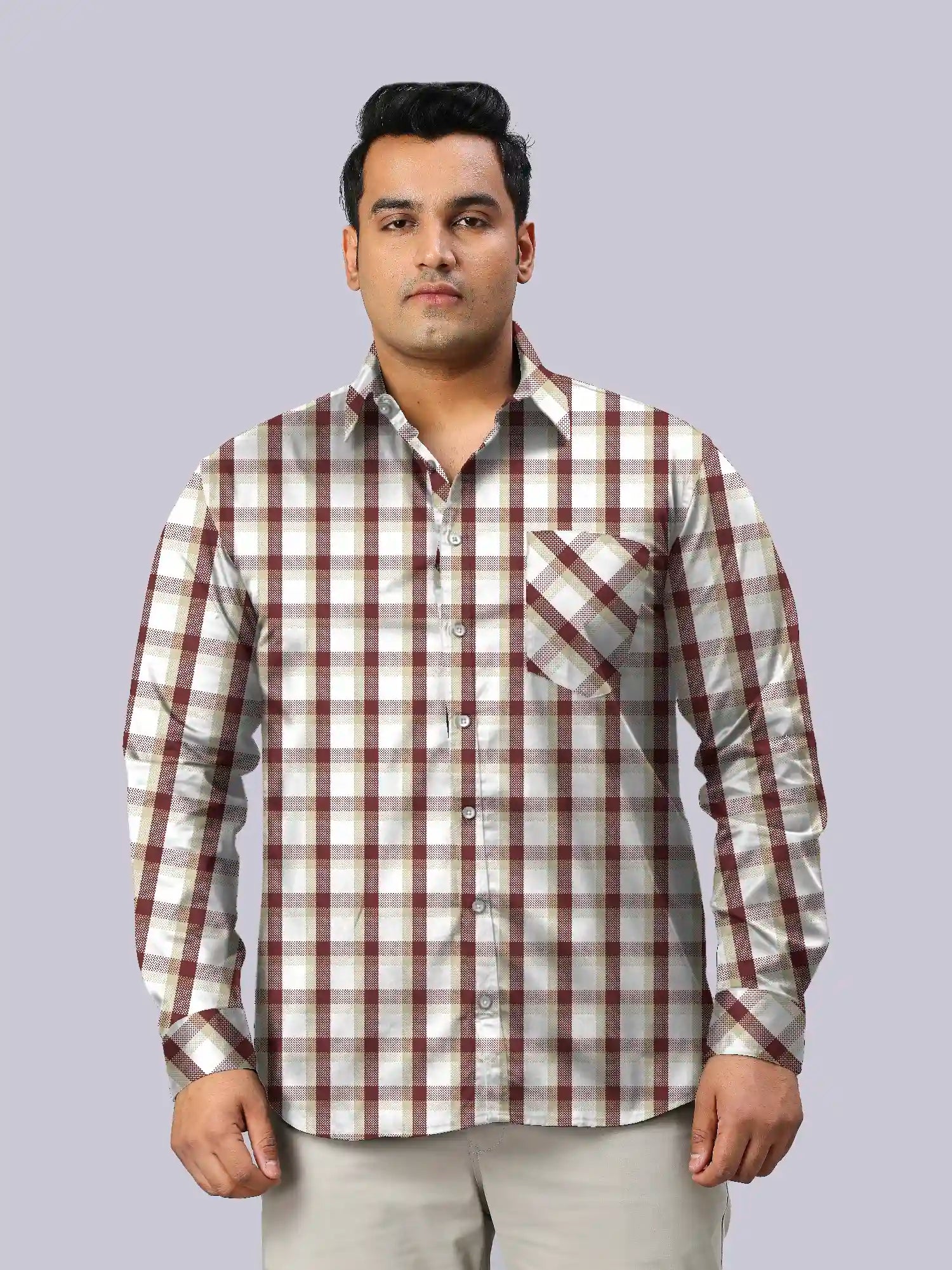 GFCDPF-4015-LightYellowChecks-F.jpg Light Yellow Check Cotton Men Plus Size Casual Shirt - Image 1