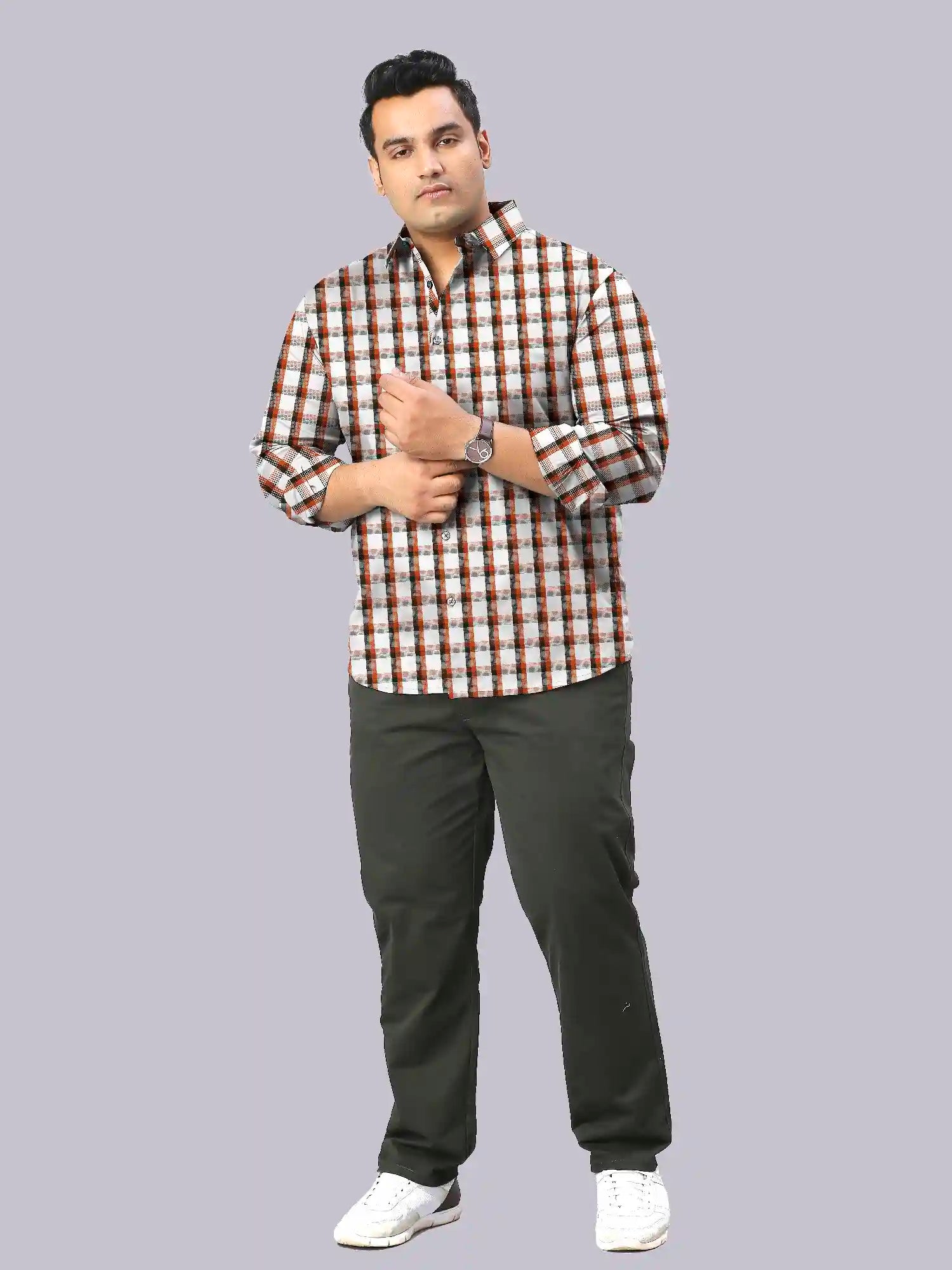 GFCDPF-4019-OrangeBigChecks-Full.jpg Orange Large Check Men Plus Size Casual Shirt - Image 1
