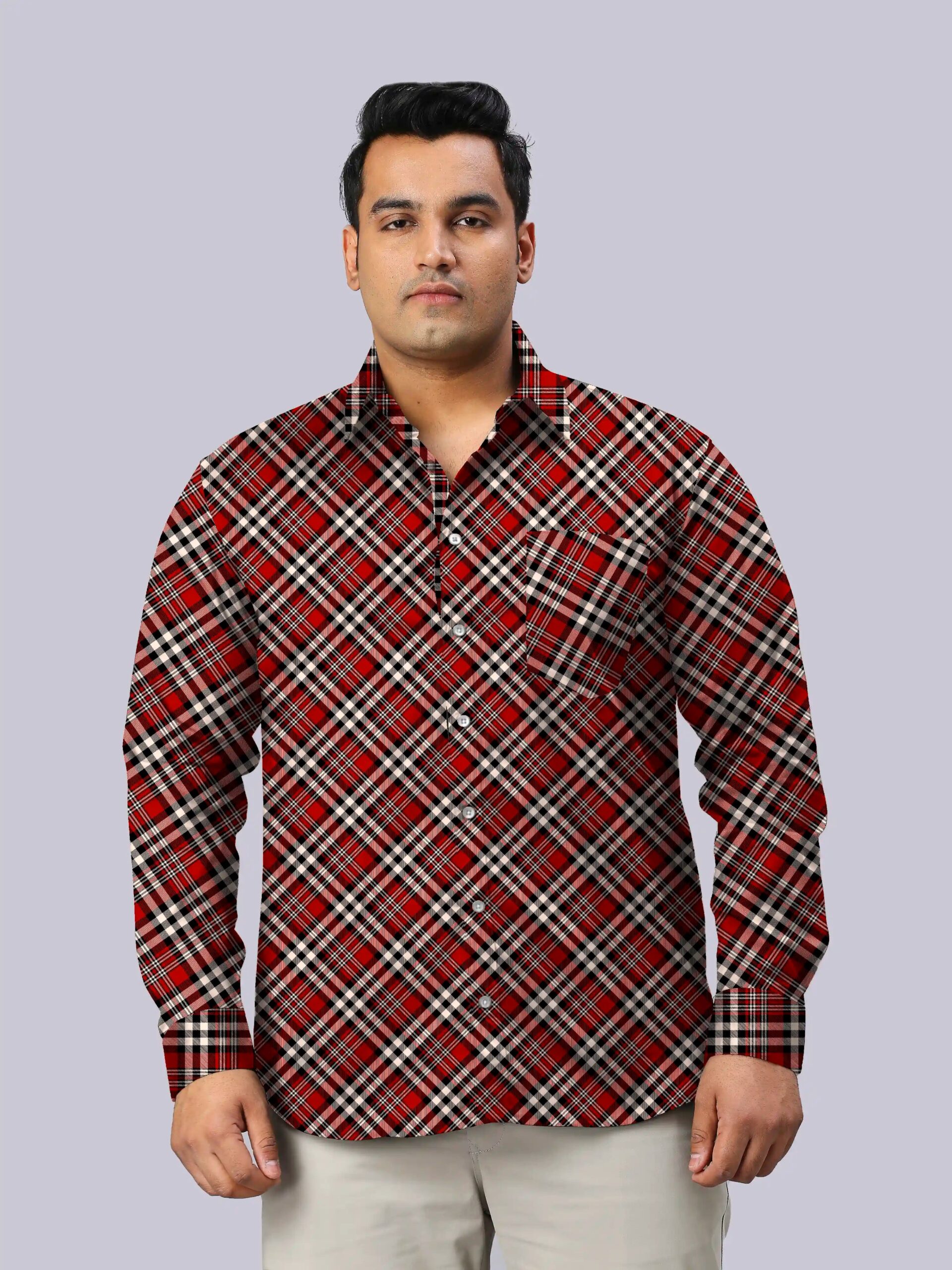 GFCDPF-4021-RedandBeigeChecks-F_52745dd5-ead2-4002-a0c7-f83c05335089-scaled-1.jpg Red and Beige Check Design Men Plus Size Full Sleeve Shirt - Image 1