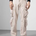 Cream Cotton Cargo Pants for Men with Relaxed Fit
